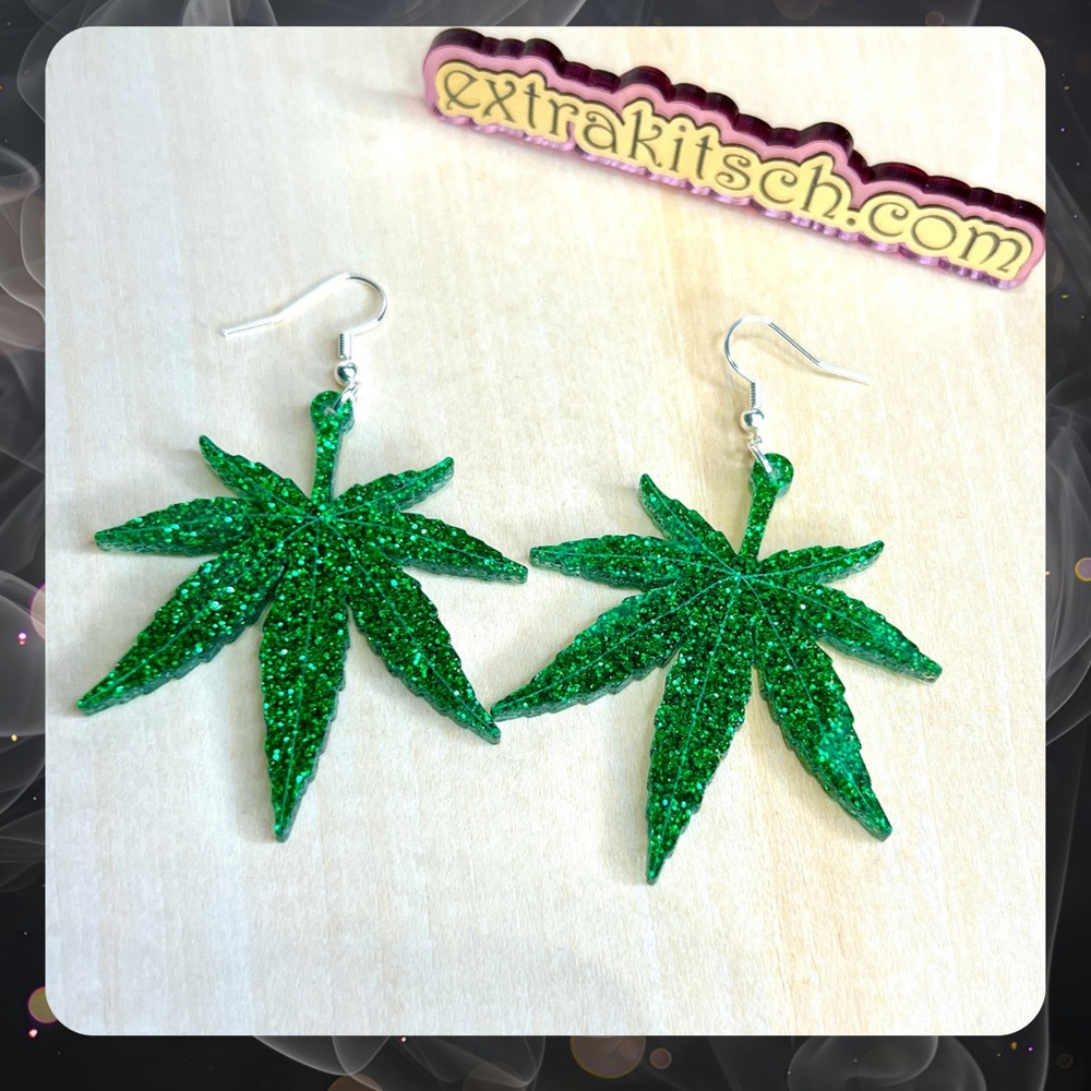 420 Leaf Earrings - Green Glitter